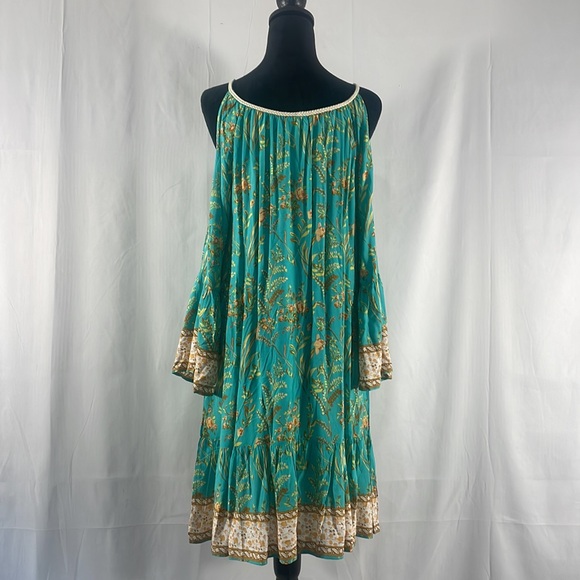 Boho Turquoise Floral  dress,cut out shoulders, tassel front trim,Large - Picture 5 of 8